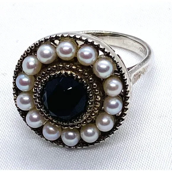 Tiffany & Co 925 Ziegfeld Pearl & Onyx Cocktail Circle Ring sz 8 - Picture 3 of 9